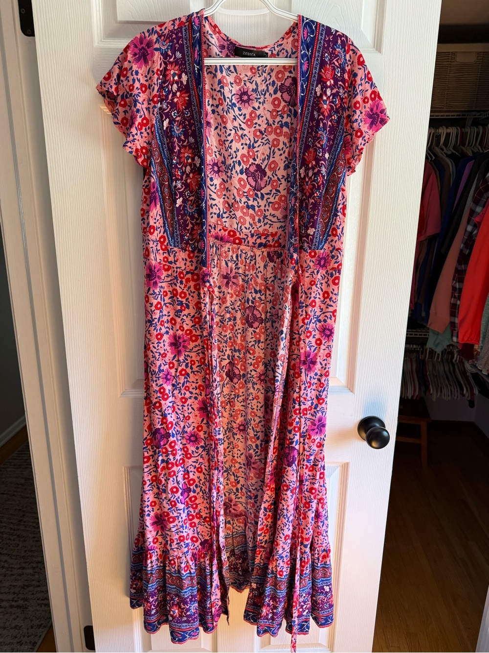 Pink Floral Maxi Dress with Boho Trim